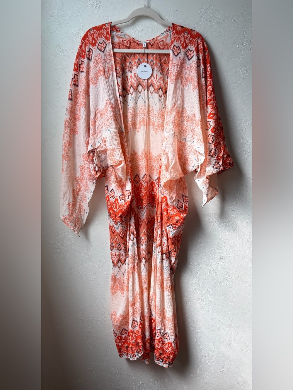 En Crème Boho Geometric Cotton Gauze Kimono Duster Coral S